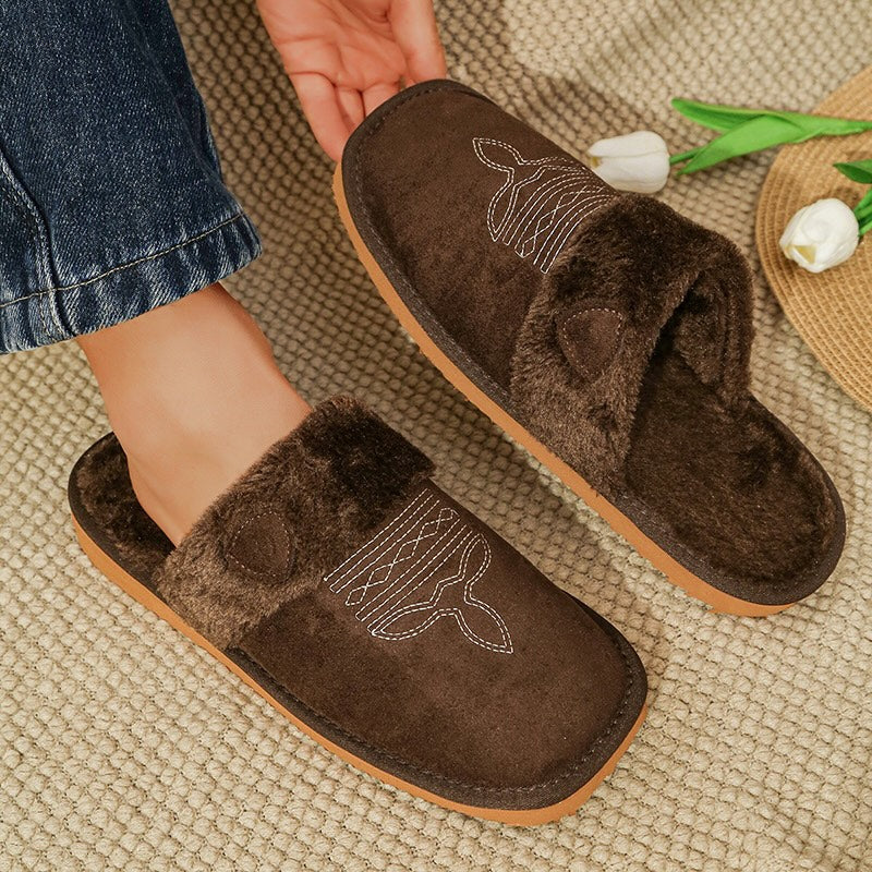 Brown western style faux suede slippers with wavy embroidery and fluffy white trim, lightweight indoor footwear with EVA sole