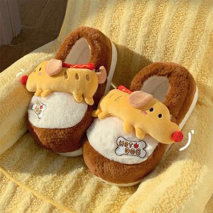 Brown winter closed back faux fur hot dog slippers eva sole indoor shoes