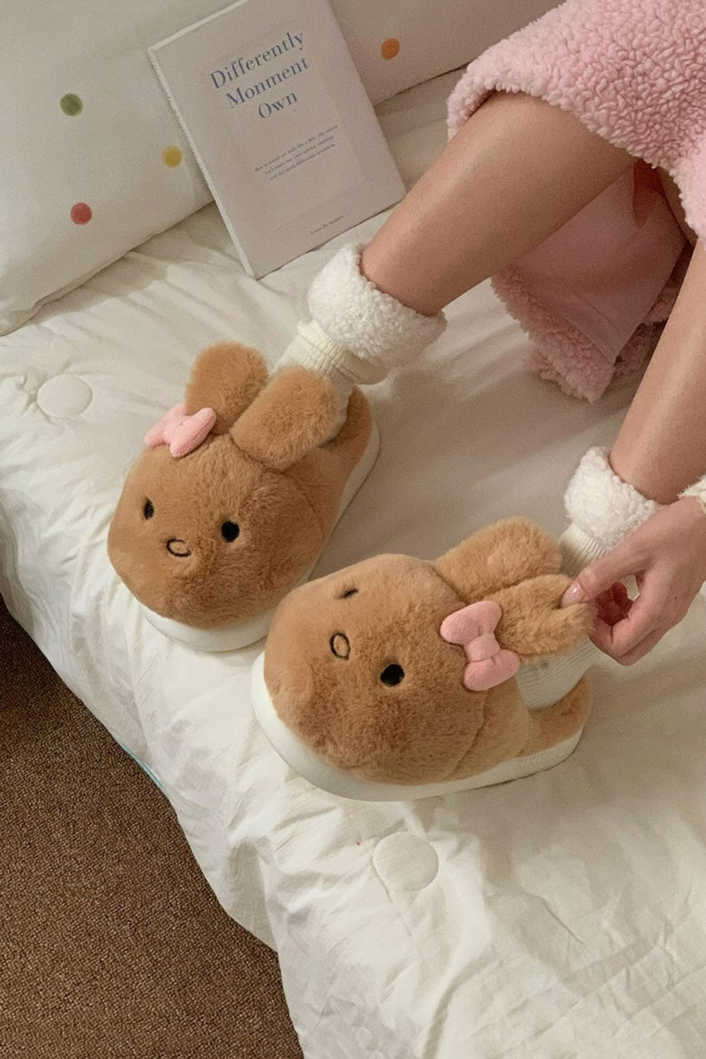 Brown winter cute rabbit slippers aesthetic warm plush house shoes