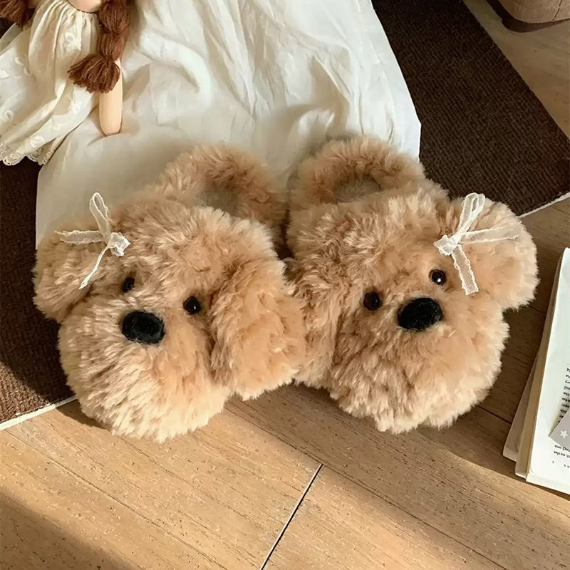 Brown winter cute bichon dog slippers aesthetic warm plush house shoes