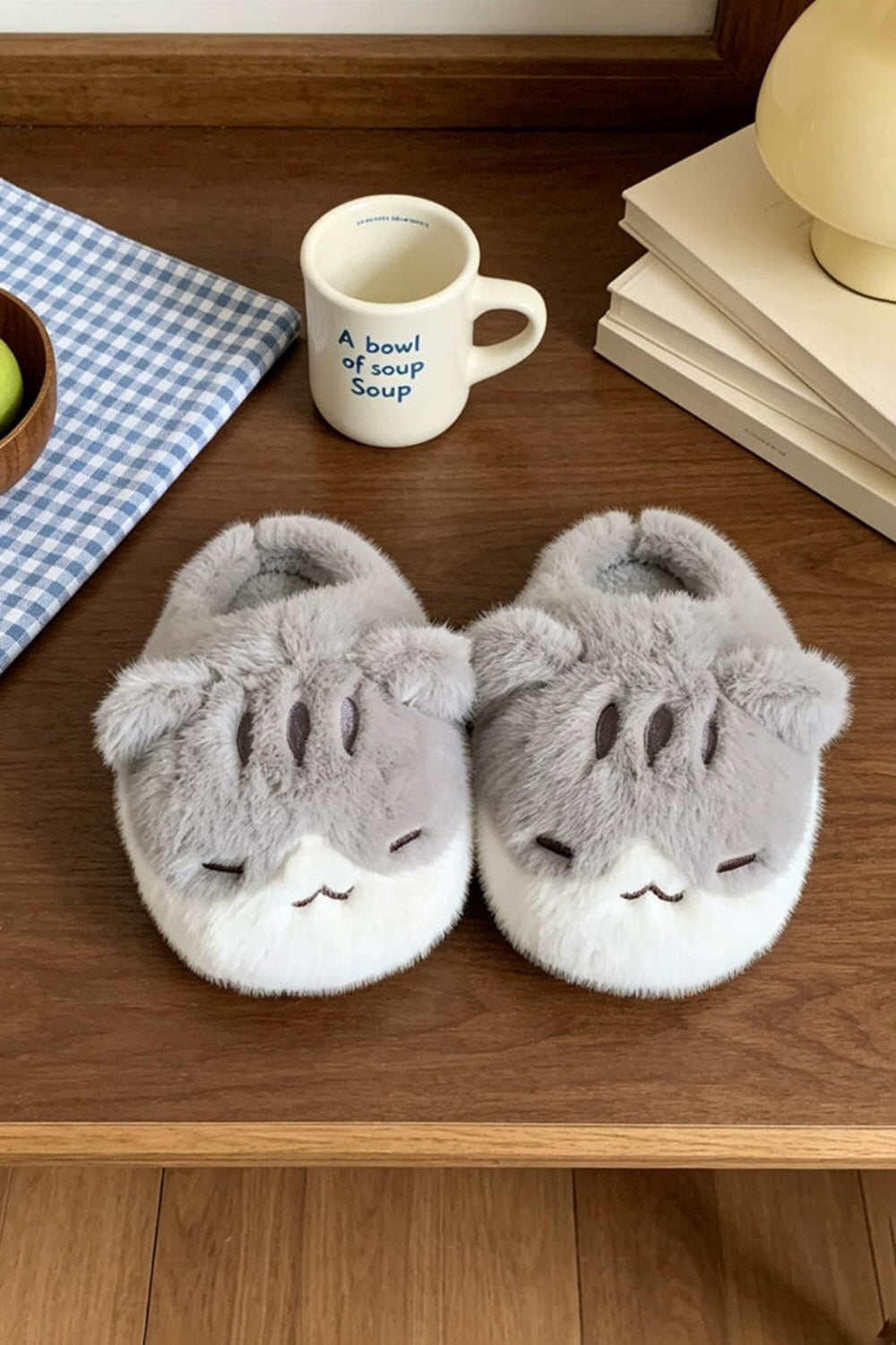 Cute gray squinting cat slippers aesthetic warm plush house shoes