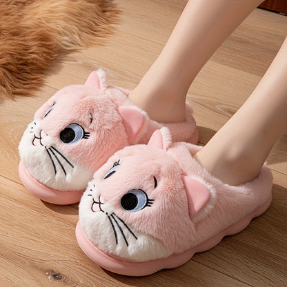 Pink cat character plush slippers with detailed facial embroidery and a comfortable fabric lining, cozy indoor footwear with EVA sole