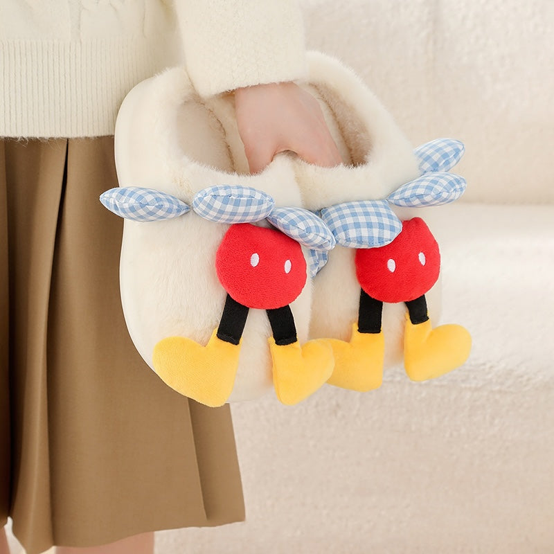 White plush mouse slippers with blue checkered ears and yellow paw details, TPR sole home shoes