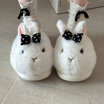White winter cute polka dot bow bunny slippers aesthetic warm house shoes
