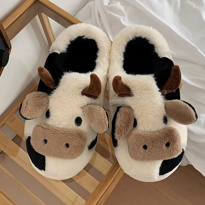 Animal winter cute adorable cow slippers aesthetic warm plush house shoes