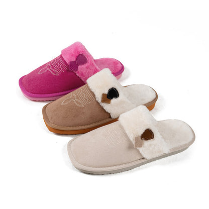 Khaki beige faux suede slippers with western embroidery and fluffy white trim, comfortable EVA sole indoor footwear