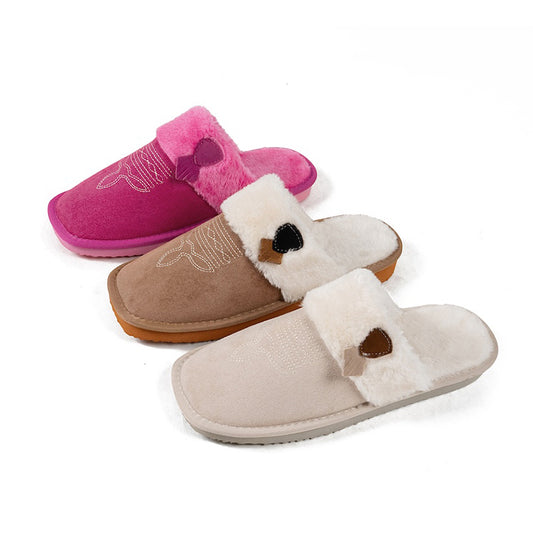 Khaki beige faux suede slippers with western embroidery and fluffy white trim, comfortable EVA sole indoor footwear
