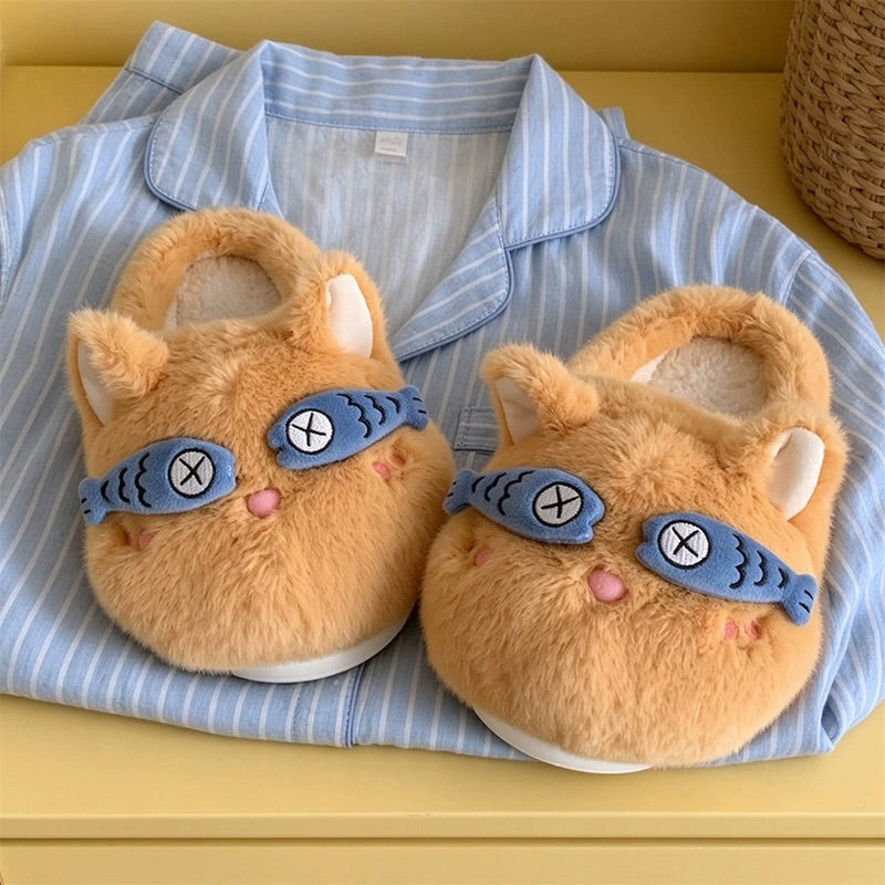 Brown winter fish eye mask cute cat slippers aesthetic warm plush house shoes
