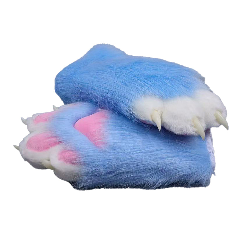 Plush cosplay paw gloves with white back fingers and pink palm pads, paired with semi-transparent black claws, soft lined furry mitts