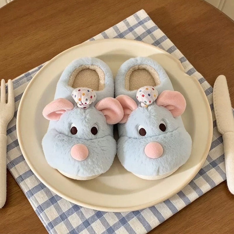 Blue winter cute chef hat mouse slippers aesthetic warm plush house shoes