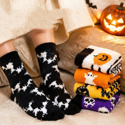 winter halloween 5 pairs pumpkin bats ghosts spiders skulls coral fleece socks