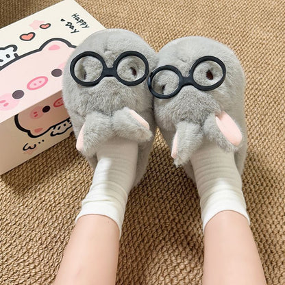 Winter cute glasses gray bunny slippers aesthetic warm plush house shoes