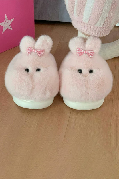Winter cute pink bow bunny slippers aesthetic warm plush house shoes