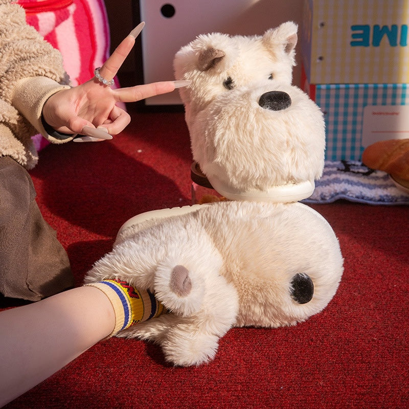White westie dog shaped plush slippers featuring pointed ears and a black nose, cozy indoor footwear with EVA sole