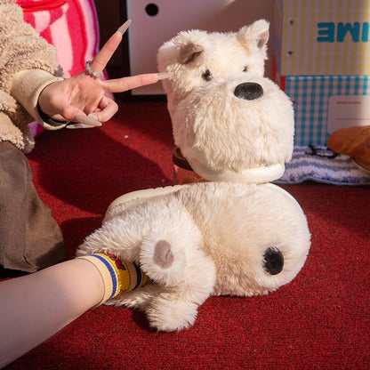 White westie dog shaped plush slippers featuring pointed ears and a black nose, cozy indoor footwear with EVA sole