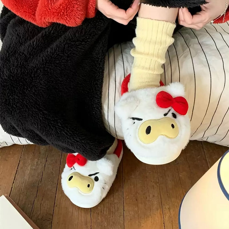 White winter leopard bow cute pig slippers aesthetic warm plush house shoes