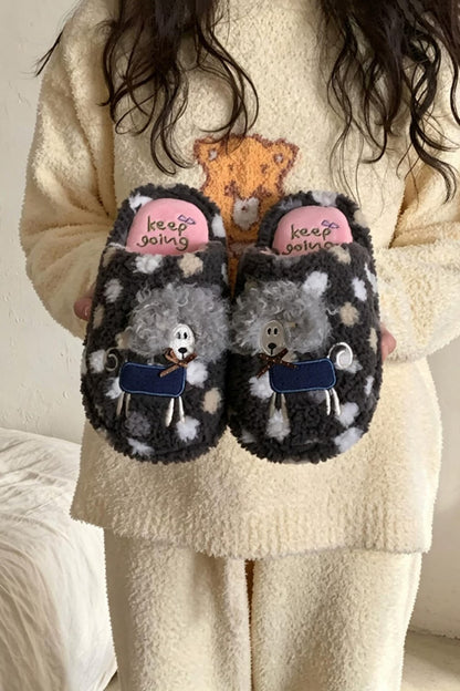 Winter cute gray patch curly sheep slippers aesthetic warm plush house shoes