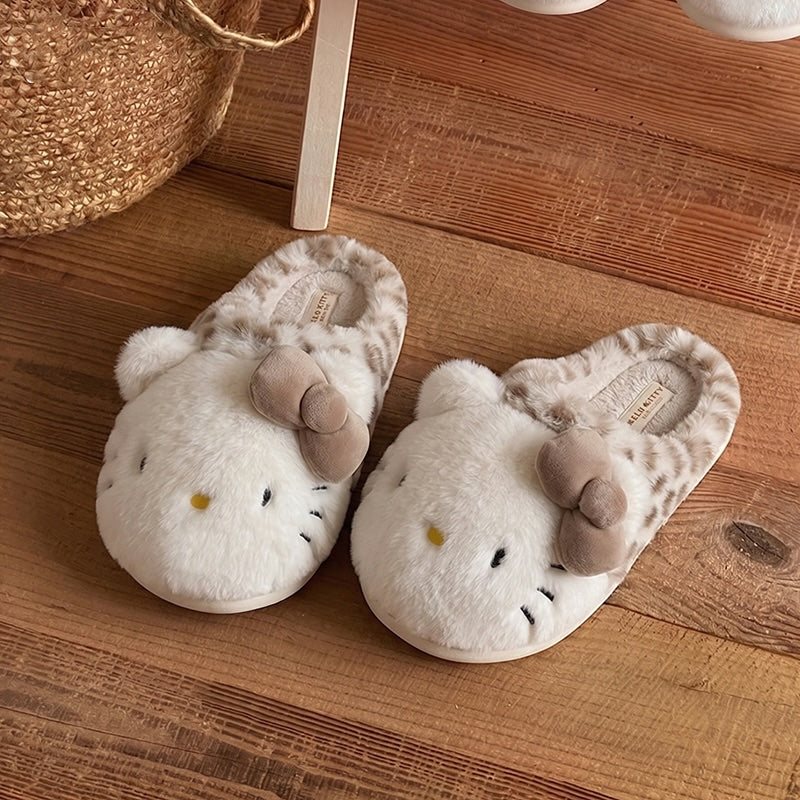 Light brown winter print bow hello kt cute cat slippers aesthetic warm plush house shoes
