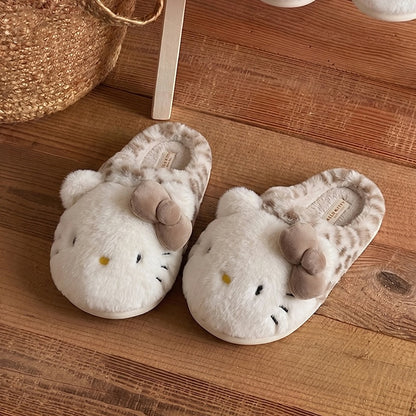 Light brown winter print bow hello kt cute cat slippers aesthetic warm plush house shoes