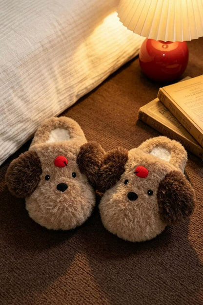 Winter cute brown teddy dog slippers aesthetic warm plush house shoes