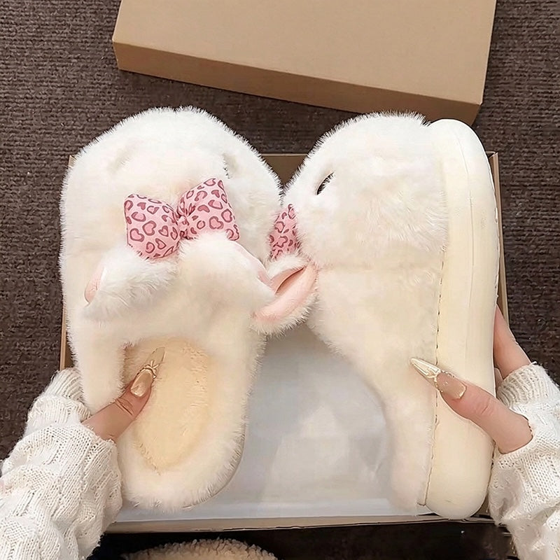 White winter cute heart bow bunny slippers aesthetic warm house shoes