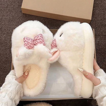 White winter cute heart bow bunny slippers aesthetic warm house shoes