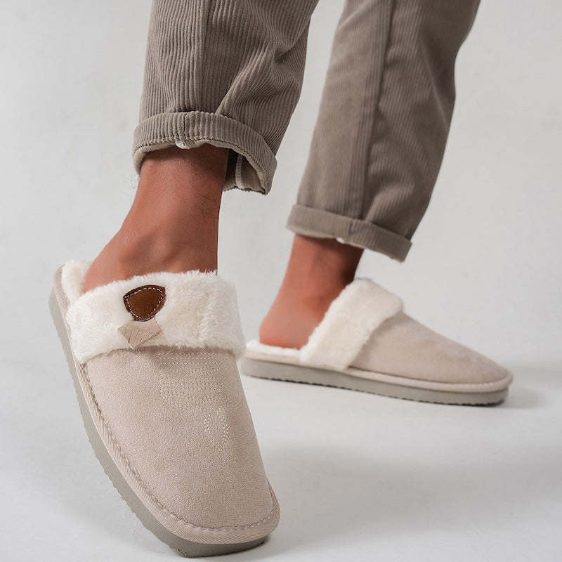 Khaki beige faux suede slippers with western embroidery and fluffy white trim, comfortable EVA sole indoor footwear