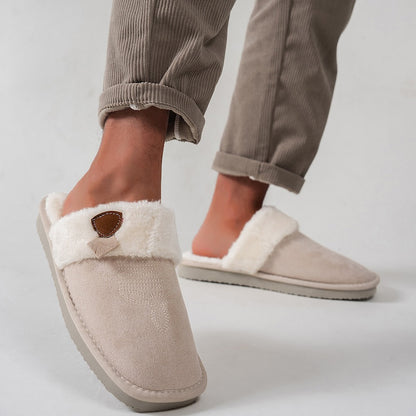 Khaki beige faux suede slippers with western embroidery and fluffy white trim, comfortable EVA sole indoor footwear