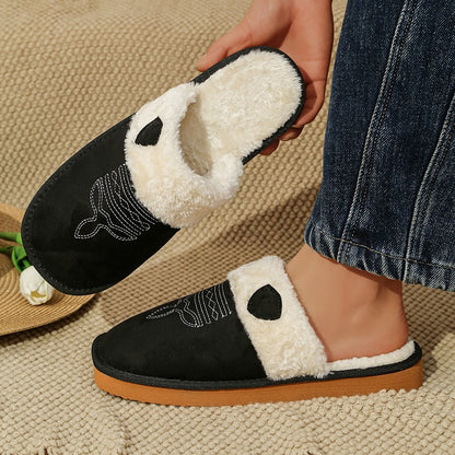 Black western design plush trim slippers with decorative stitching and oval patch, comfortable EVA sole home shoes