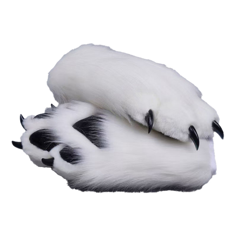 Plush cosplay paw gloves with white back fingers and pink palm pads, paired with semi-transparent black claws, soft lined furry mitts