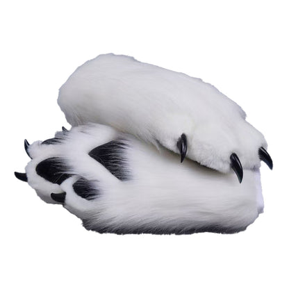 Plush cosplay paw gloves with white back fingers and pink palm pads, paired with semi-transparent black claws, soft lined furry mitts