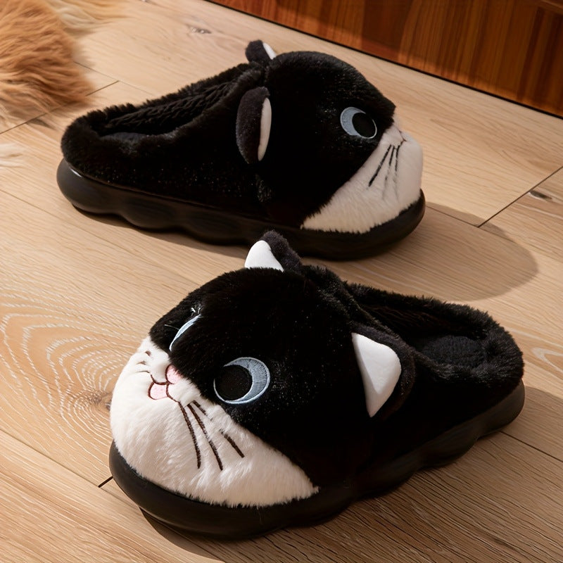 Black cat face plush slippers with white muzzle, blue eyes, and embroidered whiskers, fuzzy indoor footwear with EVA sole