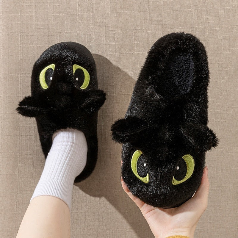 Black plush dragon slippers with big white-highlight eyes and small 3D ears, soft indoor home shoes with PVC sole