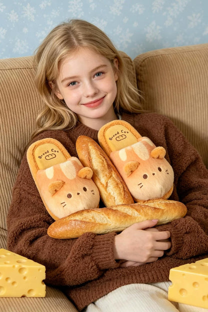 Winter cute yellow bread cat slippers aesthetic warm plush house shoes