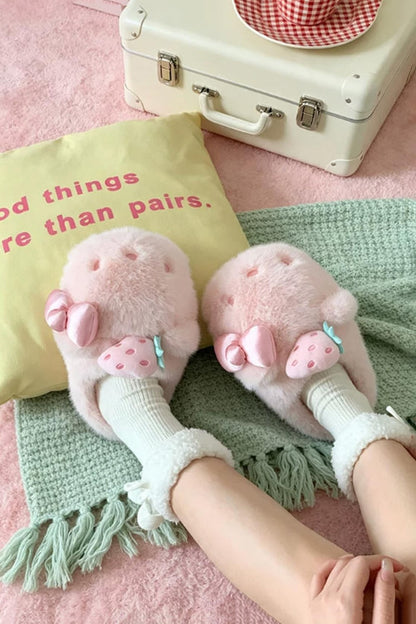 Winter cute pink strawberry cat slippers aesthetic warm plush house shoes