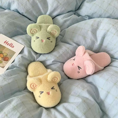 Yellow plush sheep slippers featuring pink spiral ears and a closed-eye smile, quiet fabric sole indoor shoes