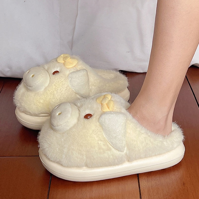 Yellow winter cute 3d pig bow slippers aesthetic warm plush house shoes