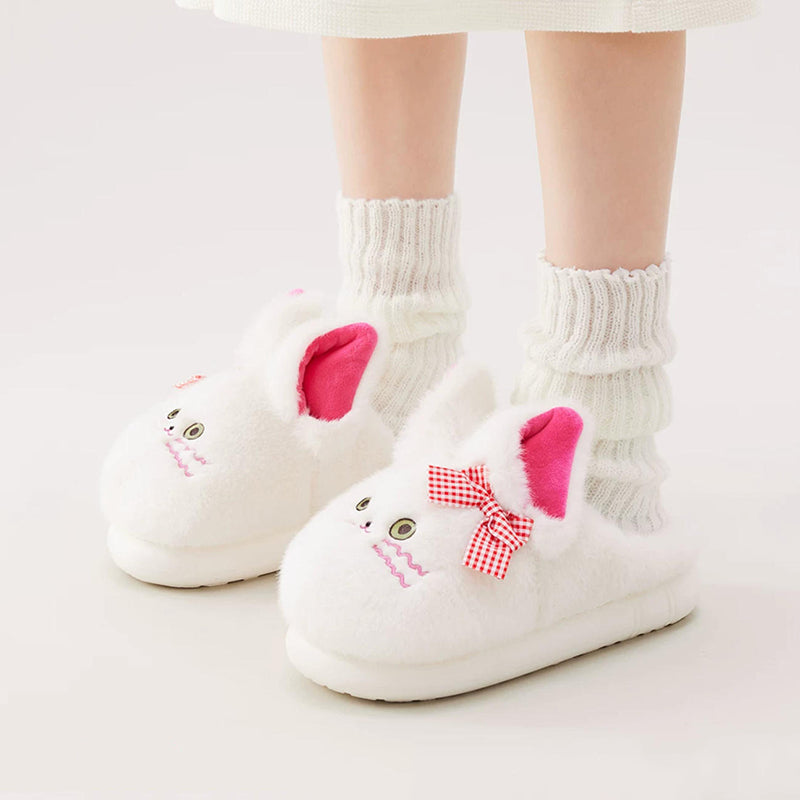 White winter plush bow cat slippers eva sole indoor house shoes