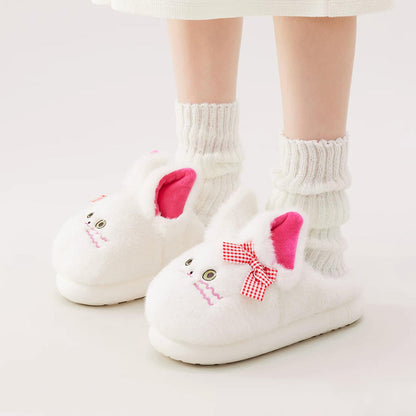 White winter plush bow cat slippers eva sole indoor house shoes