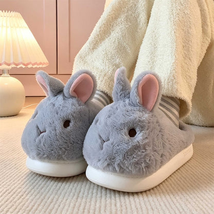 Winter gray cute long ear fluffy bunny slippers aesthetic warm plush house shoes