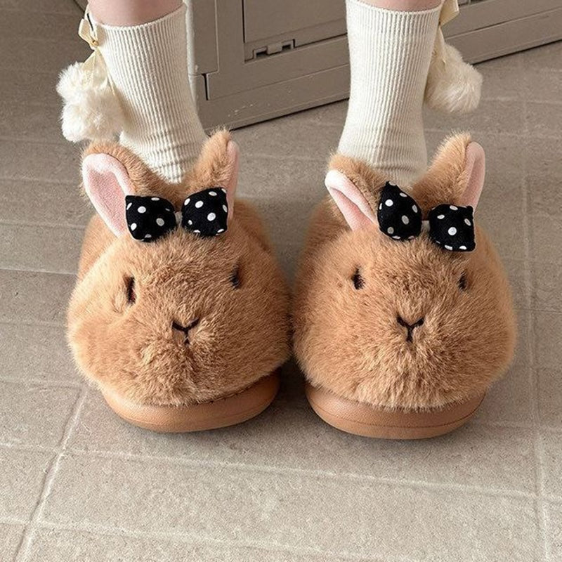 Brown winter cute polka dot bow bunny slippers aesthetic warm house shoes