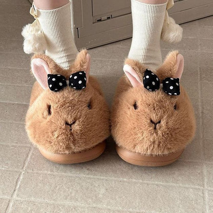 Brown winter cute polka dot bow bunny slippers aesthetic warm house shoes