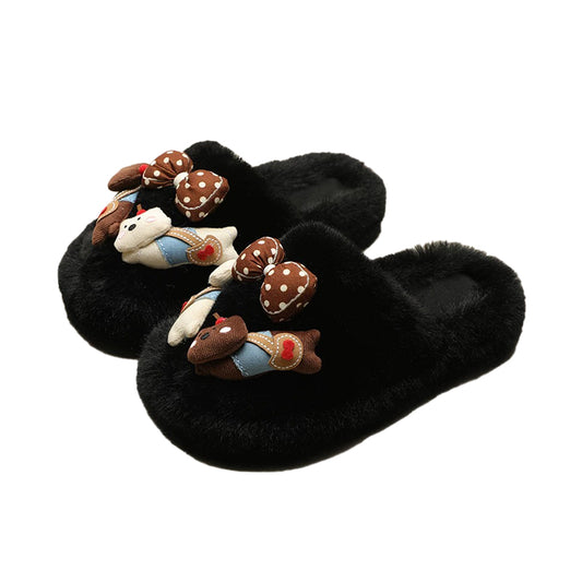 Black plush slippers decorated with a 3D bear wearing blue suspenders and a brown polka-dot bow, soft rubber sole indoor footwear
