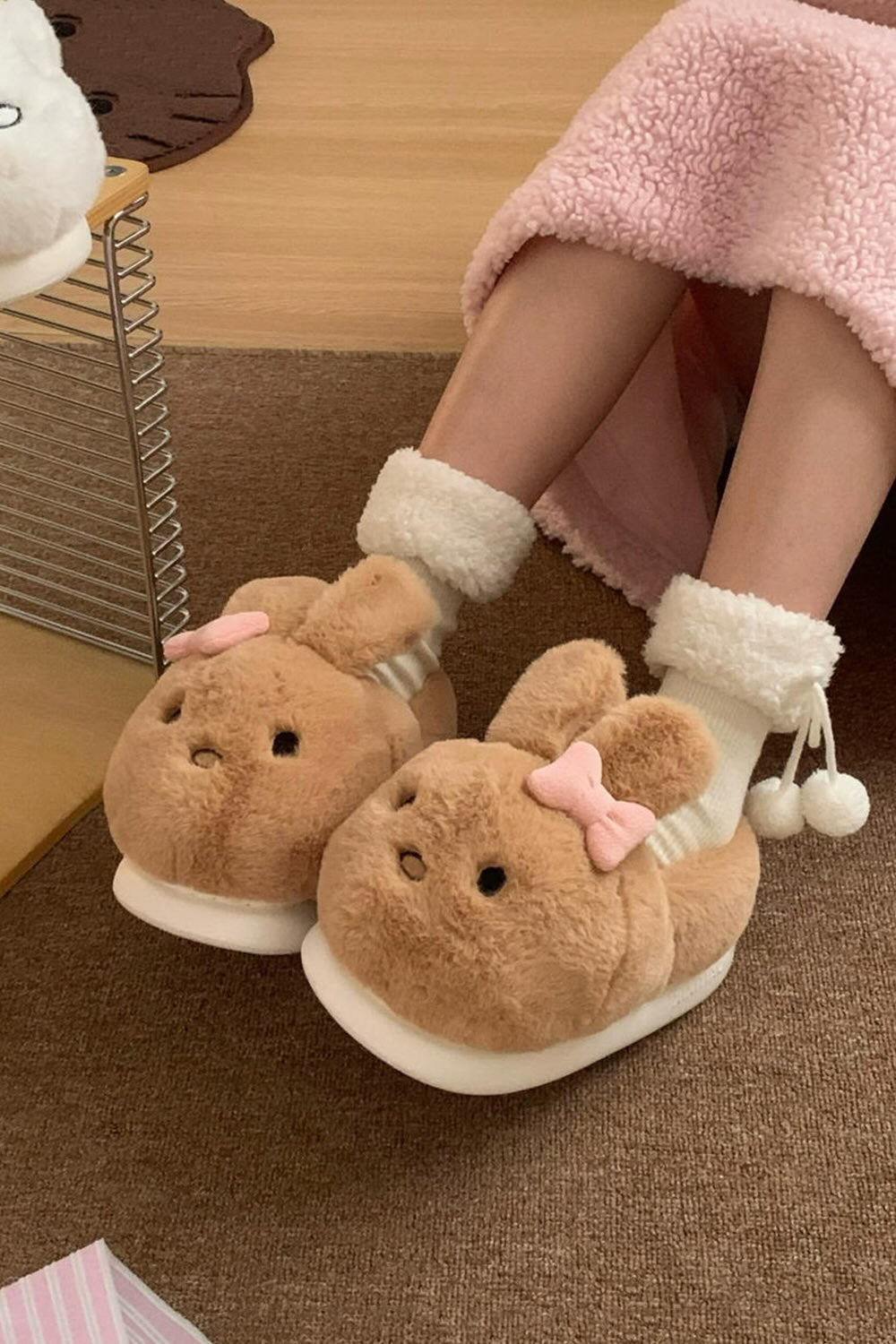 Winter cute brown bunny slippers aesthetic warm plush house shoes