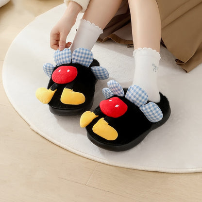 Black plush mouse slippers with blue gingham ears and a red top accent, cozy TPR sole indoor footwear