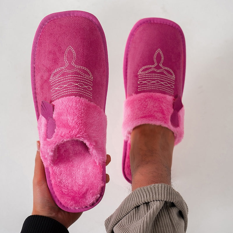 Rose red western style suede slippers with fuzzy trim and embroidered line, lightweight indoor slip-on shoes with EVA sole