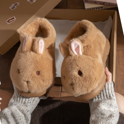 winter Brown cute closed back bunny slippers aesthetic plush house shoes