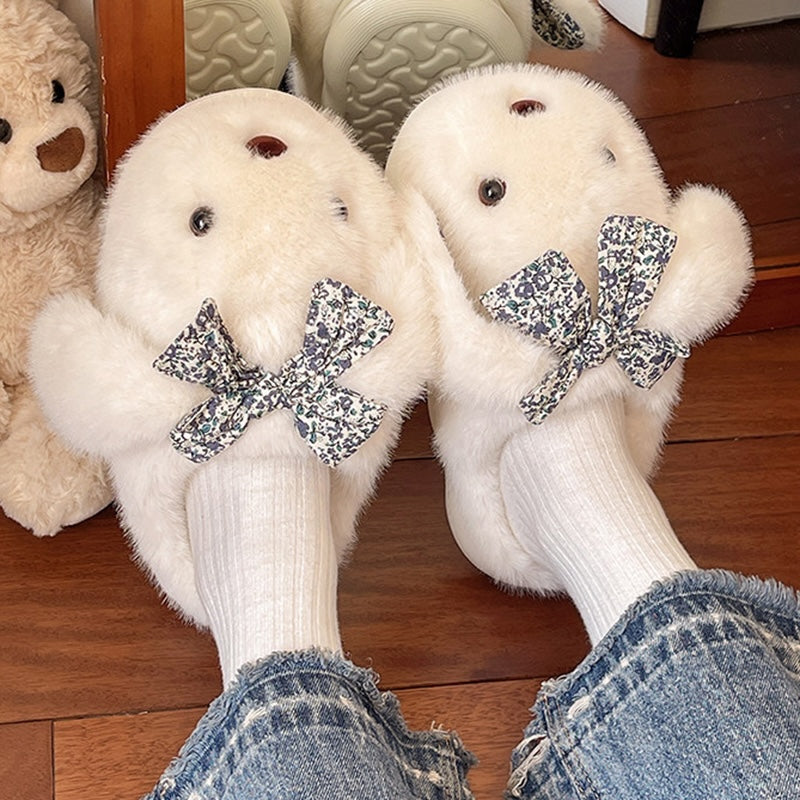 White winter cute shiny bow bunny slippers aesthetic warm plush house shoes