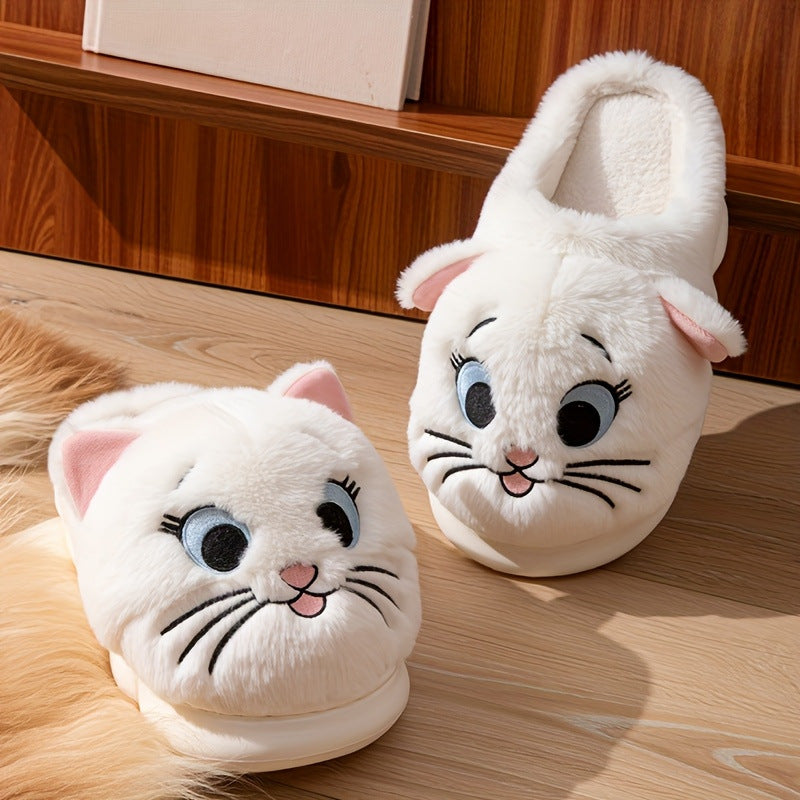 White cat character plush slippers with detailed facial embroidery and a comfortable fabric lining, cozy indoor footwear with EVA sole