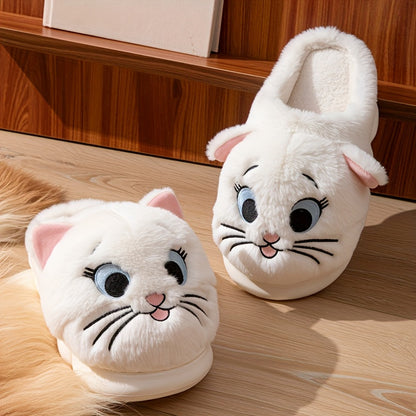 White cat character plush slippers with detailed facial embroidery and a comfortable fabric lining, cozy indoor footwear with EVA sole